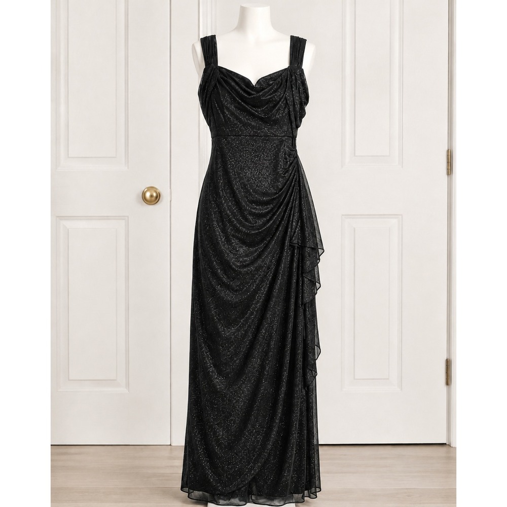 Alex Evenings Black Glitter Knit Draped Maxi Gown Petite 10P Formal Dress